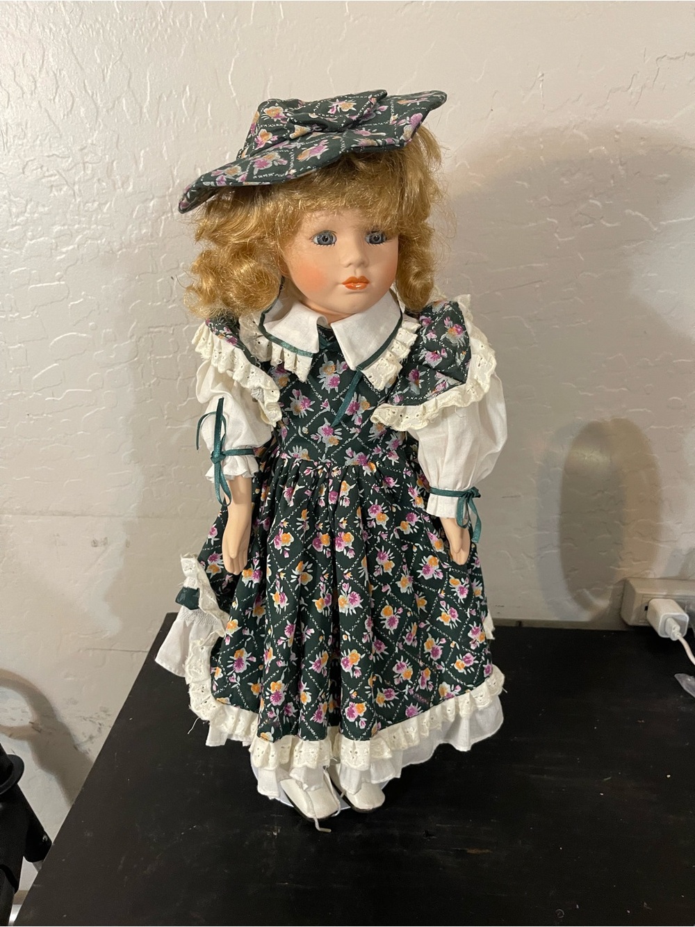 Classic Floral Green Porcelain Doll with Matching Hat - Kids Toy